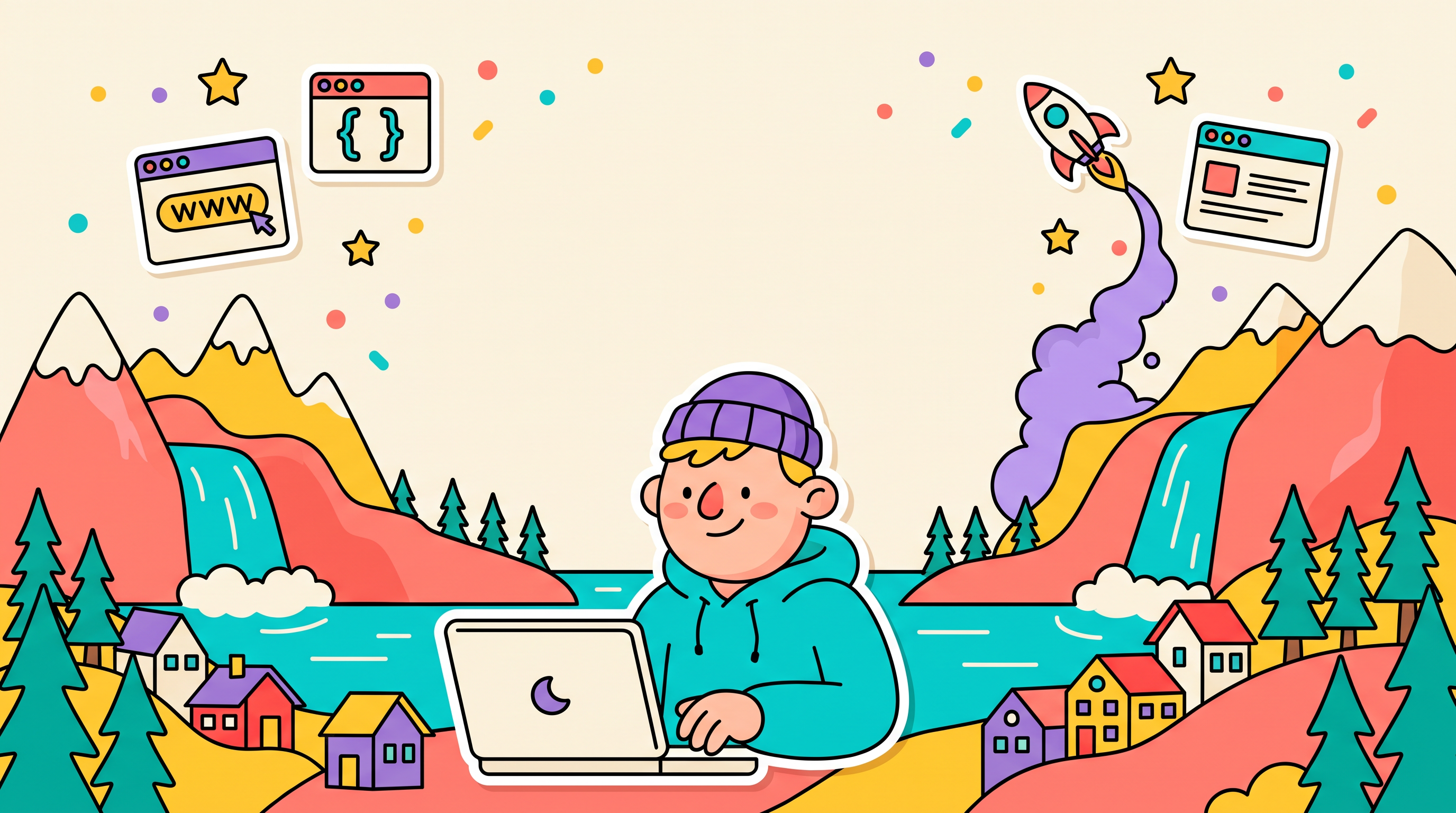 Colorful cartoon illustration of a character building a Scandinavian-style website, surrounded by mountains, houses, and rocket launch